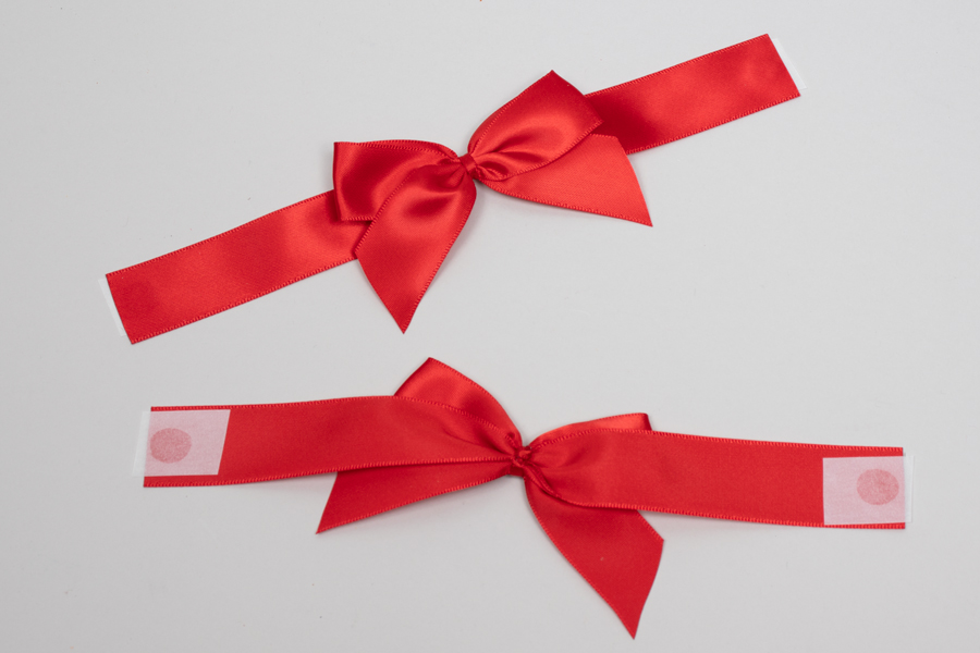 3” x 2” PRE-TIED BOW – SELF-ADHESIVE 7/8” RED RIBBON FOR 6” x 6” MAGNETIC BOX