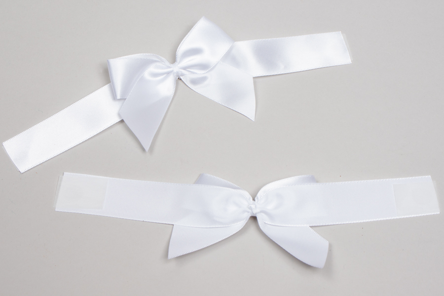 3” x 2” PRE-TIED BOW – SELF-ADHESIVE 7/8” WHITE RIBBON FOR 6” x 6” MAGNETIC BOX