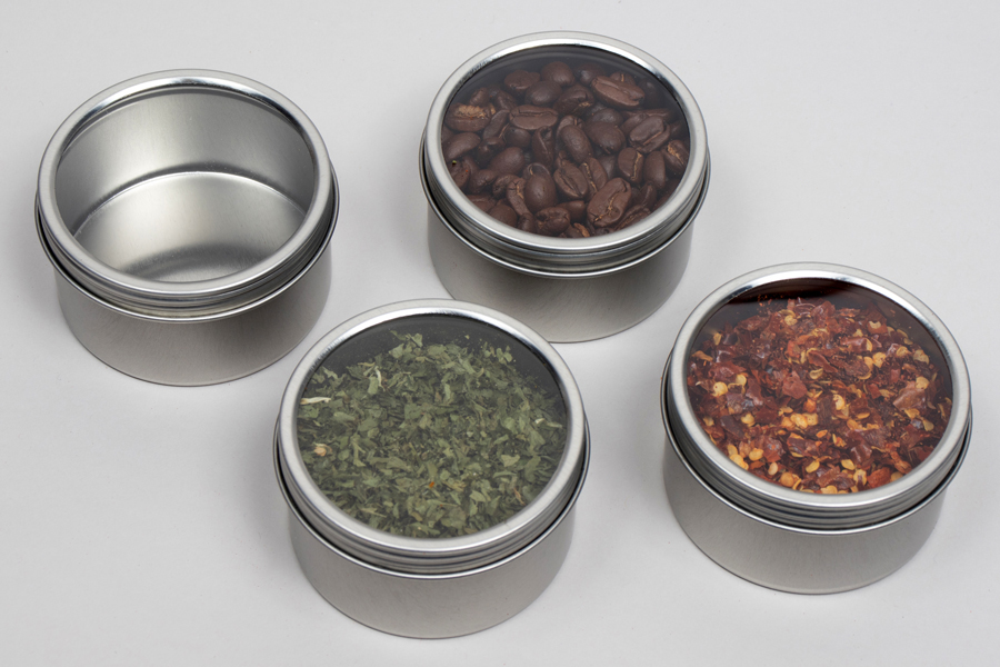 MEDIUM 1-7/8” x 1” – 1.75OZ CLEAR LID ROUND METAL TINS – FOOD GRADE