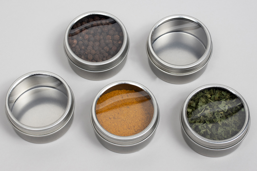 LARGE 2-1/2” x 1-1/2” – 2.75OZ CLEAR LID ROUND METAL TINS – FOOD GRADE