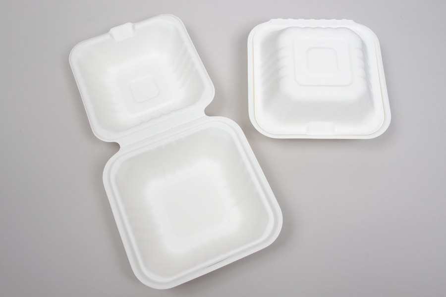 6 x 6 x 3-1/5 BAGASSE COMPOSTABLE CLAMSHELL FOOD TAKEOUT BOXES