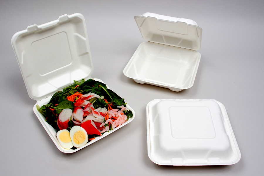 7-7/8 x 8 x 2-1/2 BAGASSE COMPOSTABLE CLAMSHELL FOOD TAKEOUT BOXES