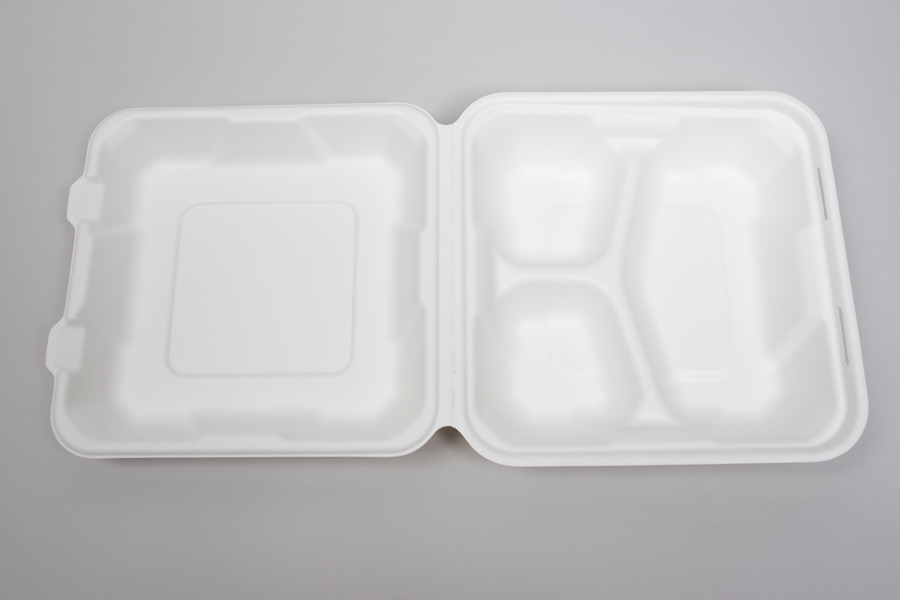 7-7/8 x 8 x 2-1/2 BAGASSE COMPOSTABLE CLAMSHELL FOOD TAKEOUT BOXES – 3 COMPARTMENT