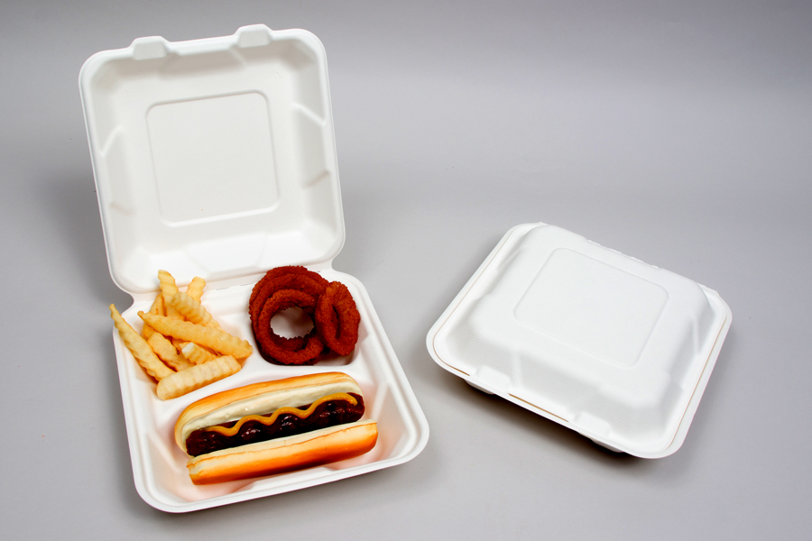 7-7/8 x 8 x 2-1/2 BAGASSE COMPOSTABLE CLAMSHELL FOOD TAKEOUT BOXES – 3 COMPARTMENT