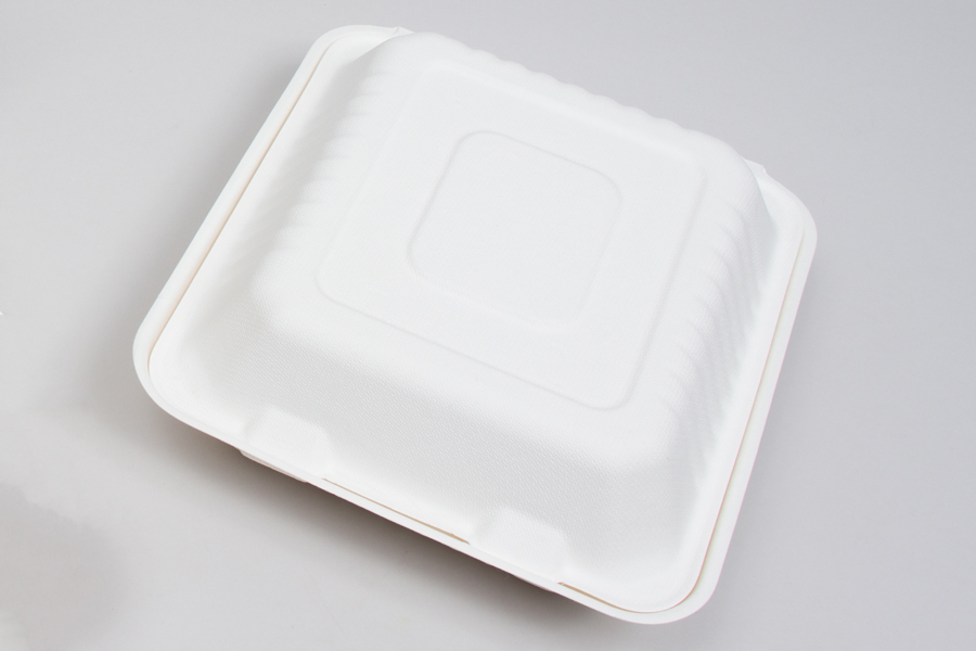 7-7/8 x 8 x 3-1/5 Bagasse Compostable Clamshell Food Takeout Boxes