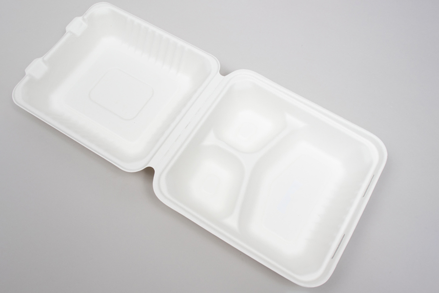 7-7/8 x 8 x 3-1/5 BAGASSE COMPOSTABLE CLAMSHELL FOOD TAKEOUT BOXES