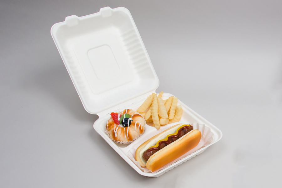 7-7/8 x 8 x 3-1/5 BAGASSE COMPOSTABLE CLAMSHELL FOOD TAKEOUT BOXES