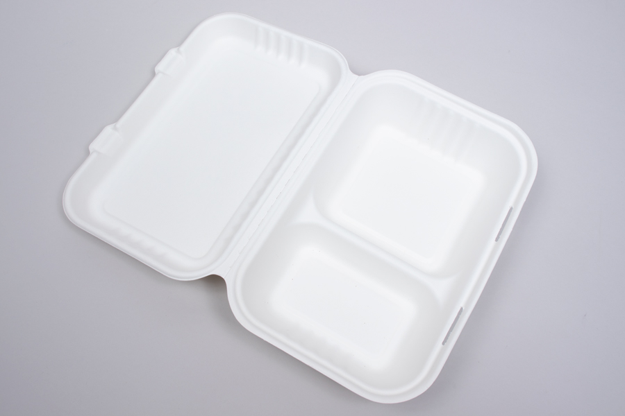 9 x 6 BAGASSE COMPOSTABLE CLAMSHELL FOOD TAKEOUT BOXES – 2 COMPARTMENT