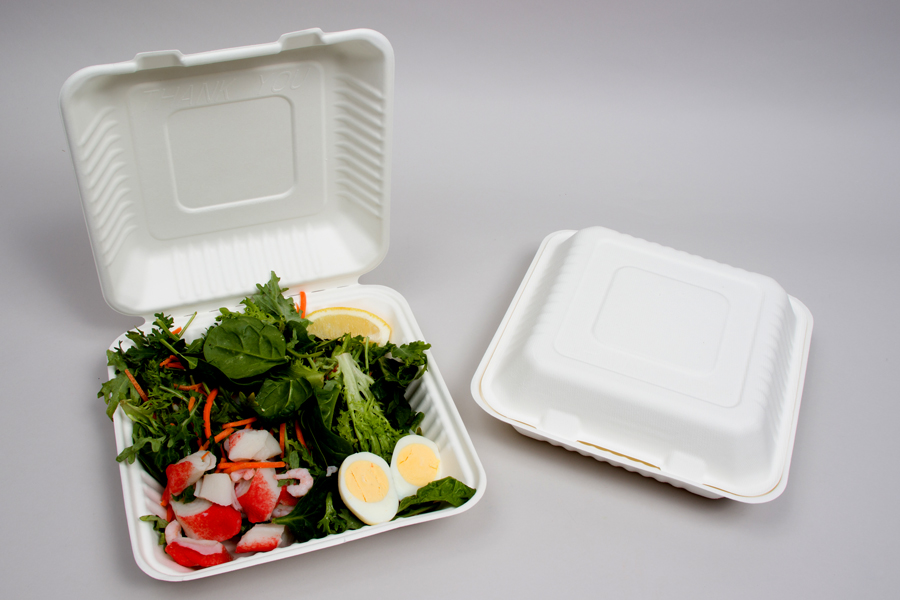 9 x 9 x 3-1/5 BAGASSE COMPOSTABLE CLAMSHELL FOOD TAKEOUT BOXES