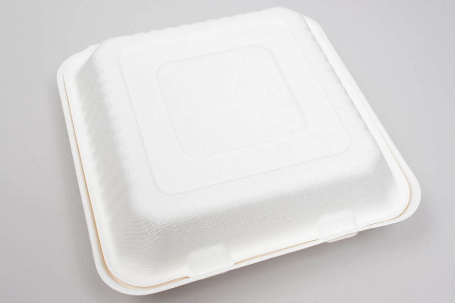 9 x 9 x 3-1/5 BAGASSE COMPOSTABLE CLAMSHELL FOOD TAKEOUT BOXES – 3 COMPARTMENT