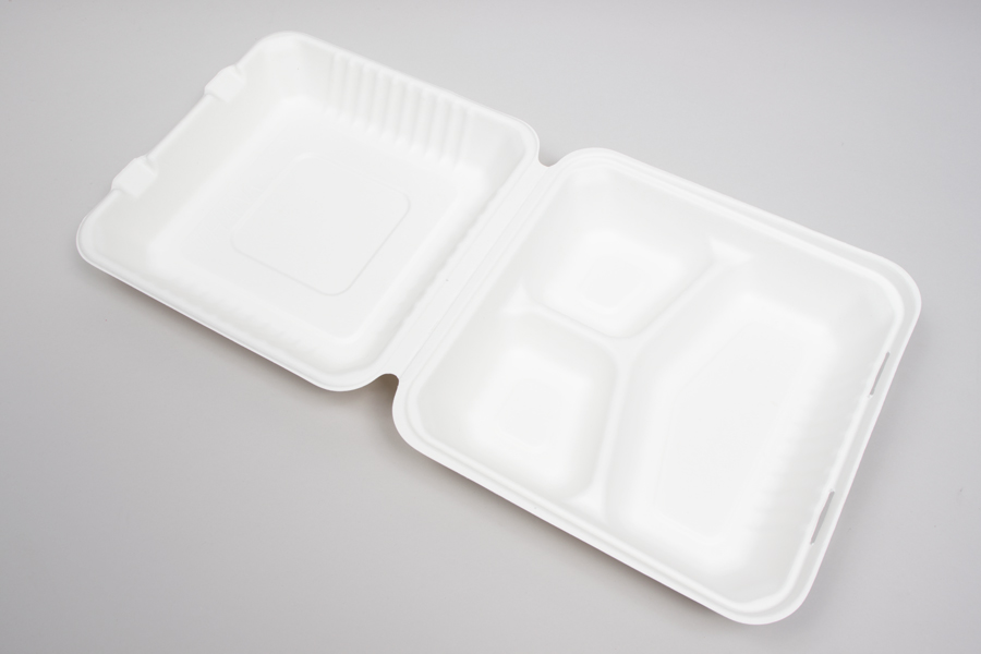 9 x 9 x 3-1/5 BAGASSE COMPOSTABLE CLAMSHELL FOOD TAKEOUT BOXES – 3 COMPARTMENT