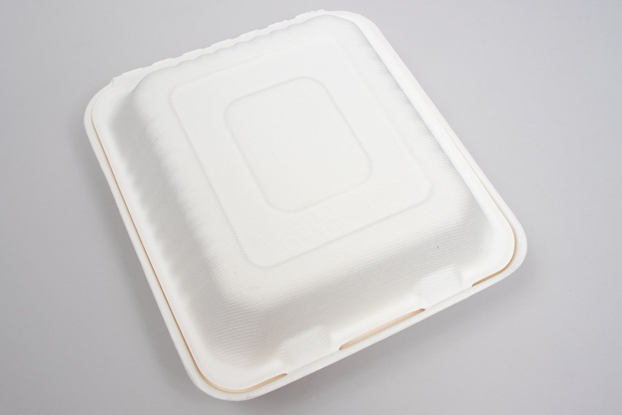 9 x 9 x 3-1/5 BAGASSE COMPOSTABLE CLAMSHELL FOOD TAKEOUT BOXES – PLA LINED