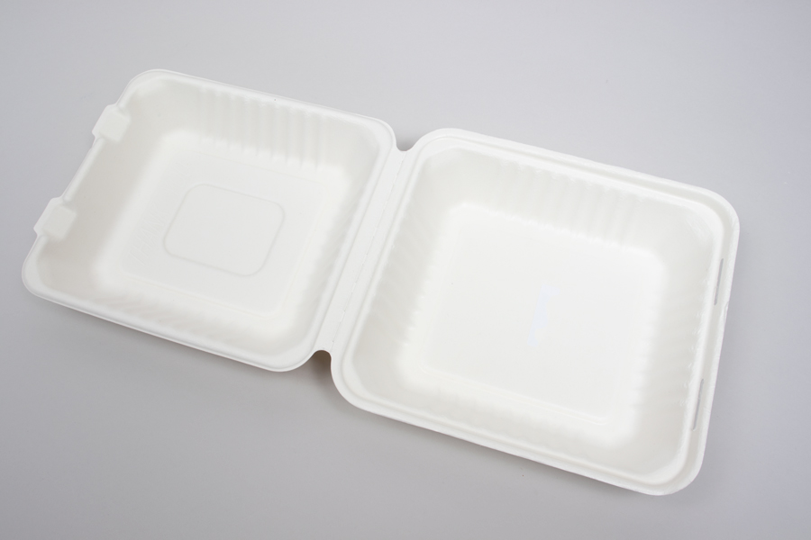 9 x 9 x 3-1/5 BAGASSE COMPOSTABLE CLAMSHELL FOOD TAKEOUT BOXES – PLA LINED