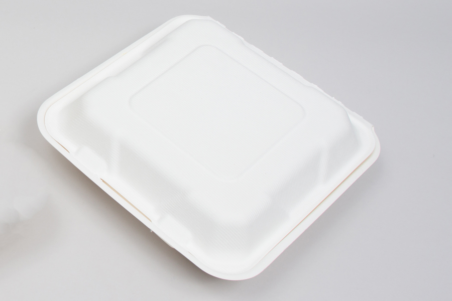 9 x 9 x 3-1/5 BAGASSE COMPOSTABLE CLAMSHELL FOOD TAKEOUT BOXES – PLA LINED – 3 COMPARTMENT