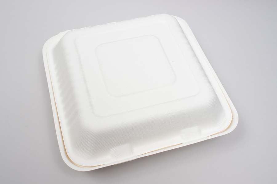 7-7/8 X 8 X 3-1/5 BAGASSE COMPOSTABLE CLAMSHELL FOOD TAKEOUT BOXES – PLA LINED - 3 COMPARTMENT