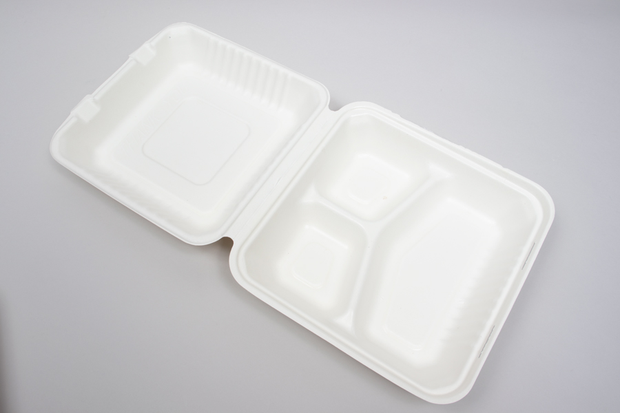 7-7/8 X 8 X 3-1/5 BAGASSE COMPOSTABLE CLAMSHELL FOOD TAKEOUT BOXES – PLA LINED -  3 COMPARTMENT