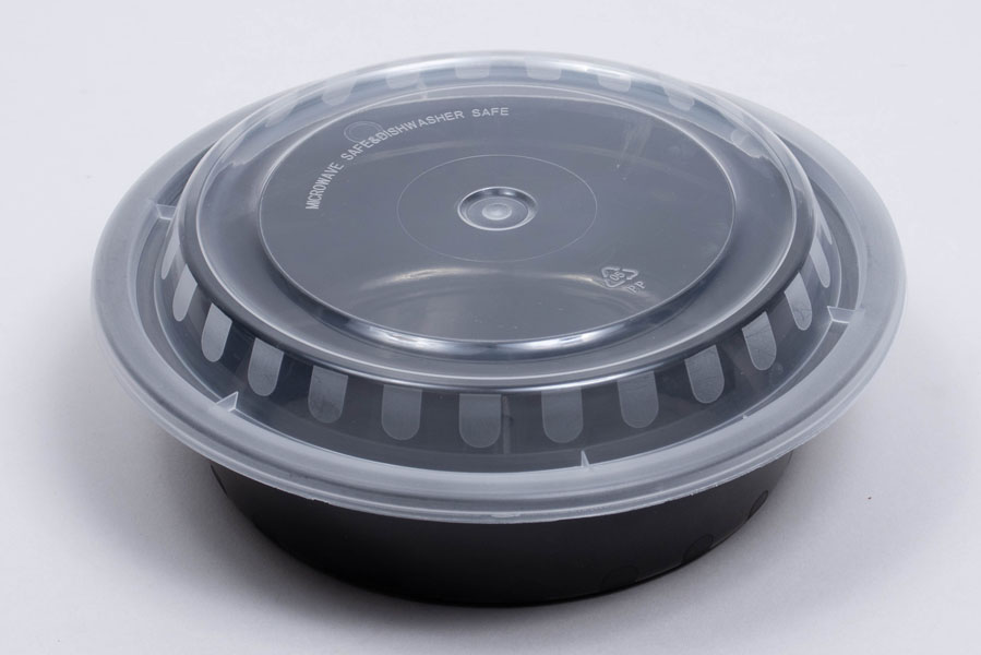6 x 1-1/2 – 16 OZ - ROUND PLASTIC FOOD TAKEOUT CONTAINERS - BLACK BASE/CLEAR LID