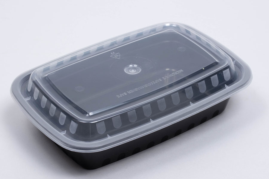 Rectangular Black Plastic Food Takeout Containers with Clear Lids – 7-3/4in  x 5-1/2in x 1-1/2in – 24 oz – 150 per case