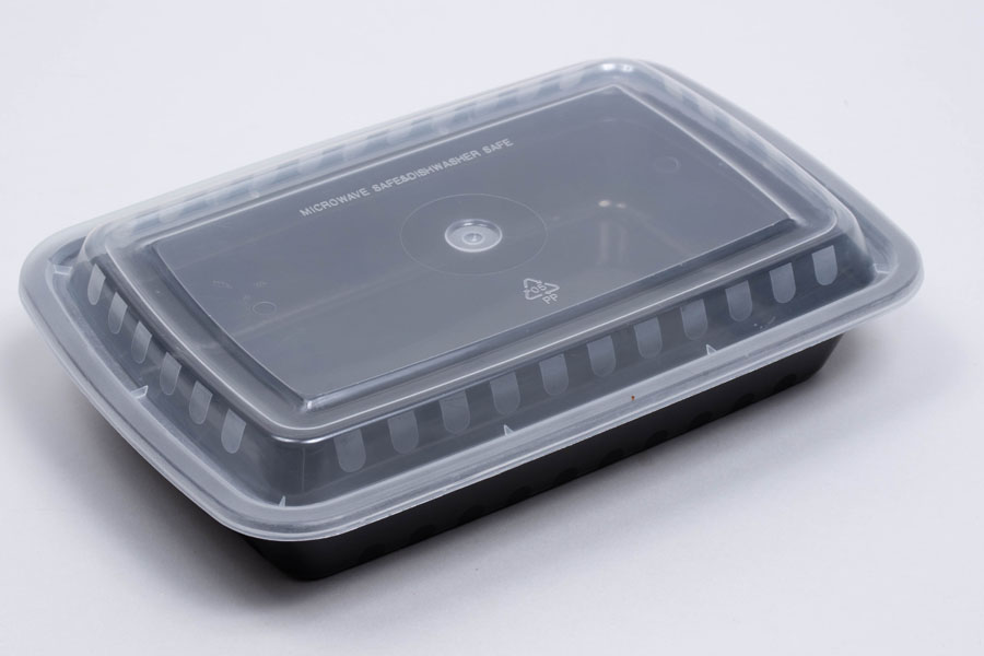 8-3/4 x 6 x 1-1/2 – 28 OZ - RECTANGULAR PLASTIC FOOD TAKEOUT CONTAINERS - BLACK BASE/CLEAR LID