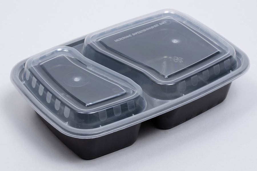8-3/4 x 6 x 2 – 32 OZ – TWO COMPARTMENT RECTANGULAR PLASTIC FOOD CONTAINERS - BLACK BASE/CLEAR LID