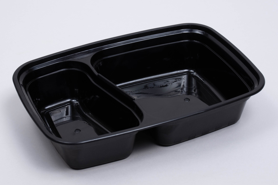 8-3/4 x 6 x 2 – 32 OZ – TWO COMPARTMENT RECTANGULAR PLASTIC FOOD CONTAINERS - BLACK BASE/CLEAR LID