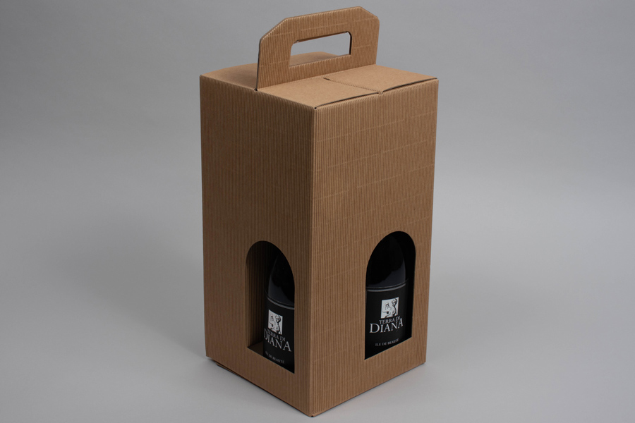 7 x 7 x 13  NATURAL KRAFT WINE CARRIER BOX WITH WINDOWS – 4 BOTTLE