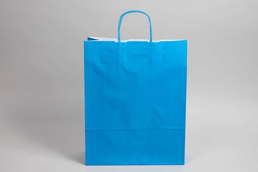 9-3/4 x 4-3/8 x 12-1/4 BRIGHT PROCESS BLUE TINTED PAPER SHOPPING BAGS