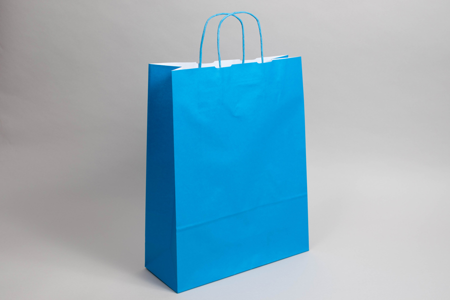 9-3/4 x 4-3/8 x 12-1/4 BRIGHT PROCESS BLUE TINTED PAPER SHOPPING BAGS