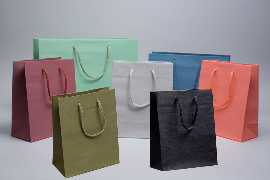 Matte Black Paper Bags, Euro Totes with Ribbon Handle