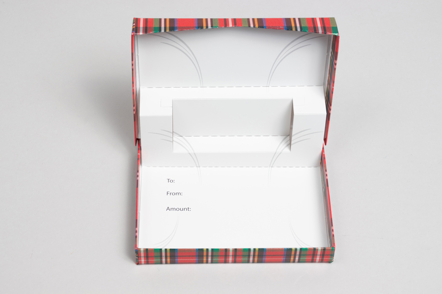 4-5/8 x 3-3/8 x 5/8 TARTAN (RED PLAID) GIFT CARD BOX WITH POP-UP INSERT