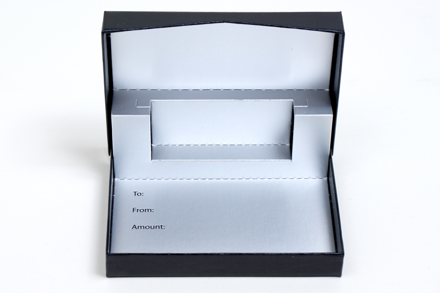 4-5/8 x 3-3/8 x 5/8 BLACK LINEN GIFT CARD BOX WITH SILVER POP-UP INSERT