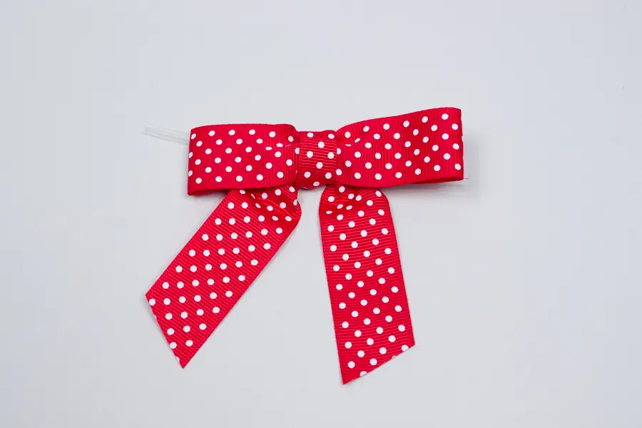 3-1/2" X 2-3/4" GROSGRAIN POLKA-DOTS RED PRE-TIED BOW CLEAR TWIST TIE