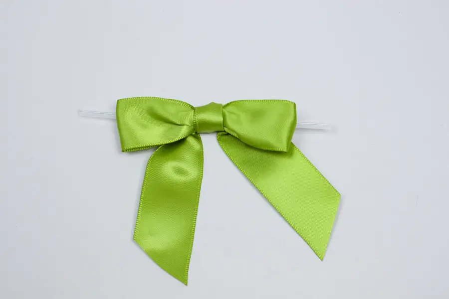 3" X 2-3/4" SATIN KIWI GREEN PRE-TIED BOW CLEAR TWIST TIE