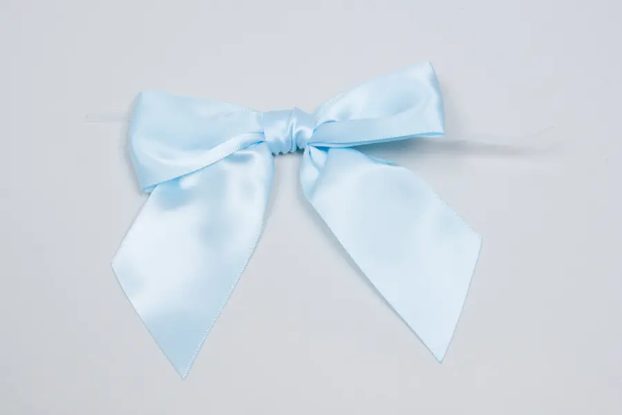 4" X 3-1/4" SATIN LIGHT BLUE PRE-TIED BOW CLEAR TWIST TIE