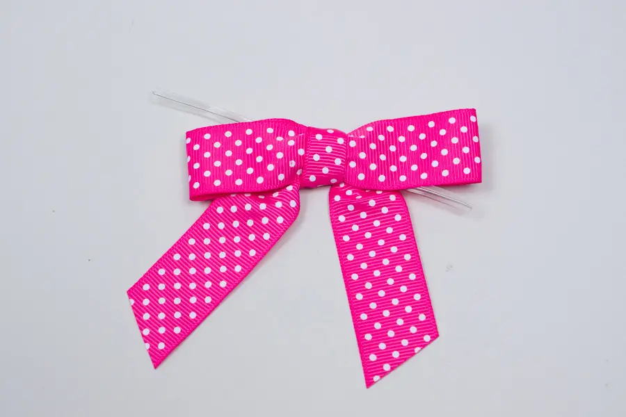 3-1/2" X 2-3/4" GROSGRAIN POLKA-DOTS HOT PINK PRE-TIED BOW CLEAR TWIST TIE