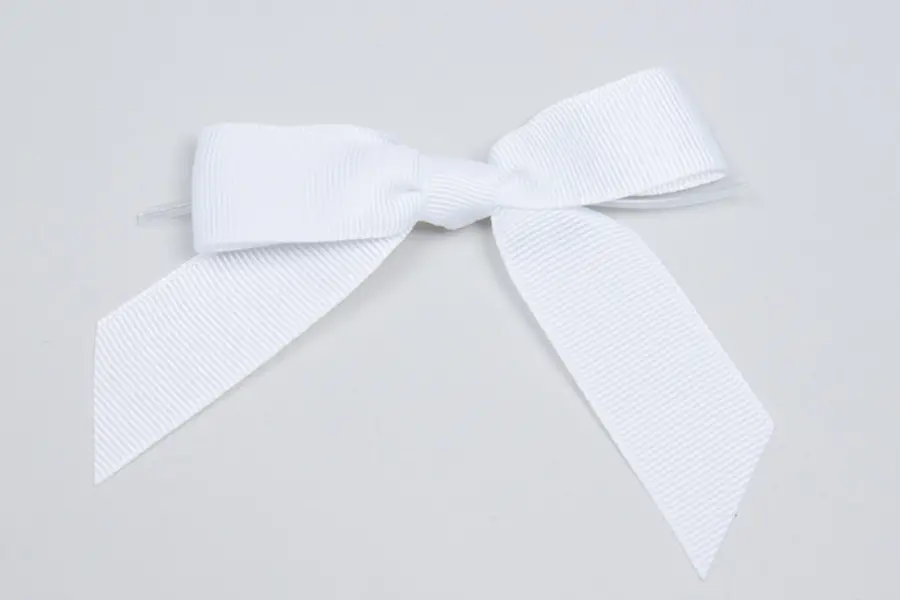 3-1/2" X 2-3/4" GROSGRAIN SOLID WHITE PRE-TIED BOW CLEAR TWIST TIE