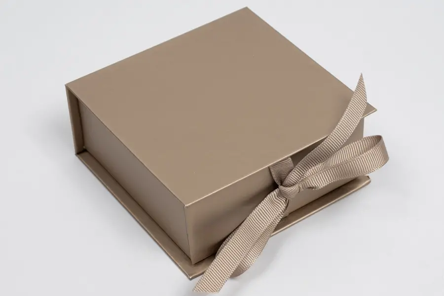 3-1/2X3-1/2X1-1/2 MATTE CHAMPAGNE W/ CHAMPAGNE RIBBON JEWELRY BOX