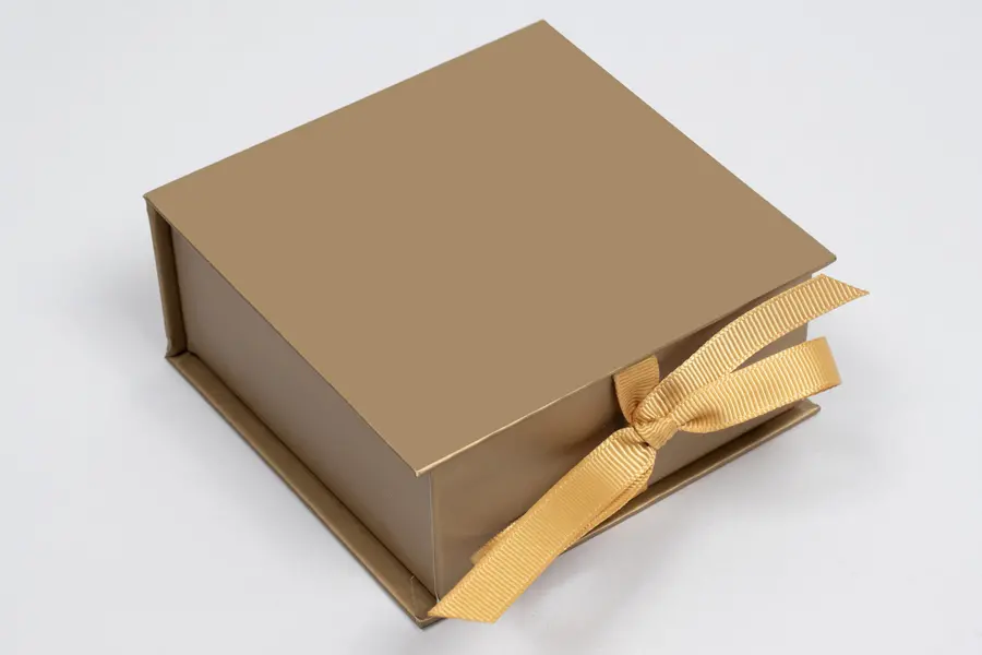 3-1/2X3-1/2X1-1/2 MATTE GOLD W/ GOLD RIBBON JEWELRY BOX