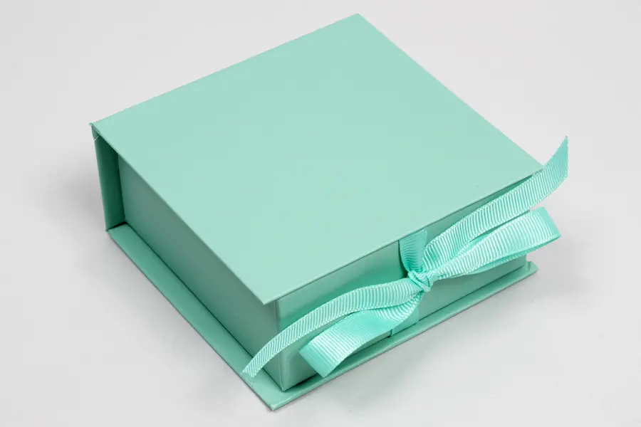3-1/2X3-1/2X1-1/2 MATTE TURQUOISE W/ TURQUOISE RIBBON JEWELRY BOX