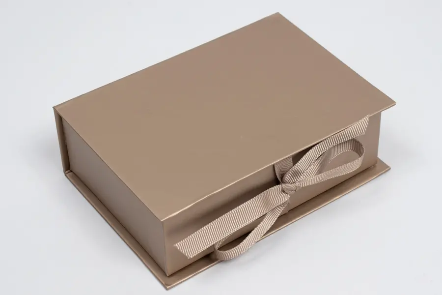 5X3-1/2X1-1/2 MATTE CHAMPAGNE W/ CHAMPAGNE RIBBON JEWELRY BOX