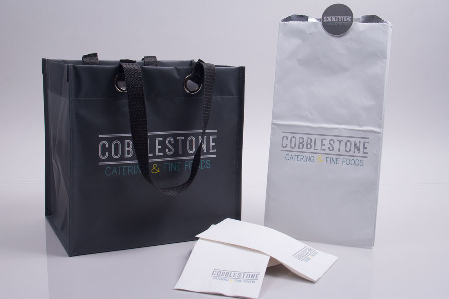 Custom Printed Insulated Hot Food Catering Bag, Takeout bags and Napkins - Cobblestone Catering Restaurant