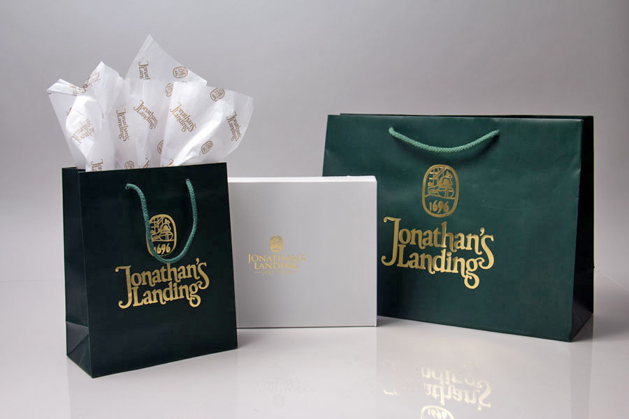 Custom Printed Paper Eurotote Bags with Matching Tissue Paper and Apparel Giftware Boxes - Jonathans Landing