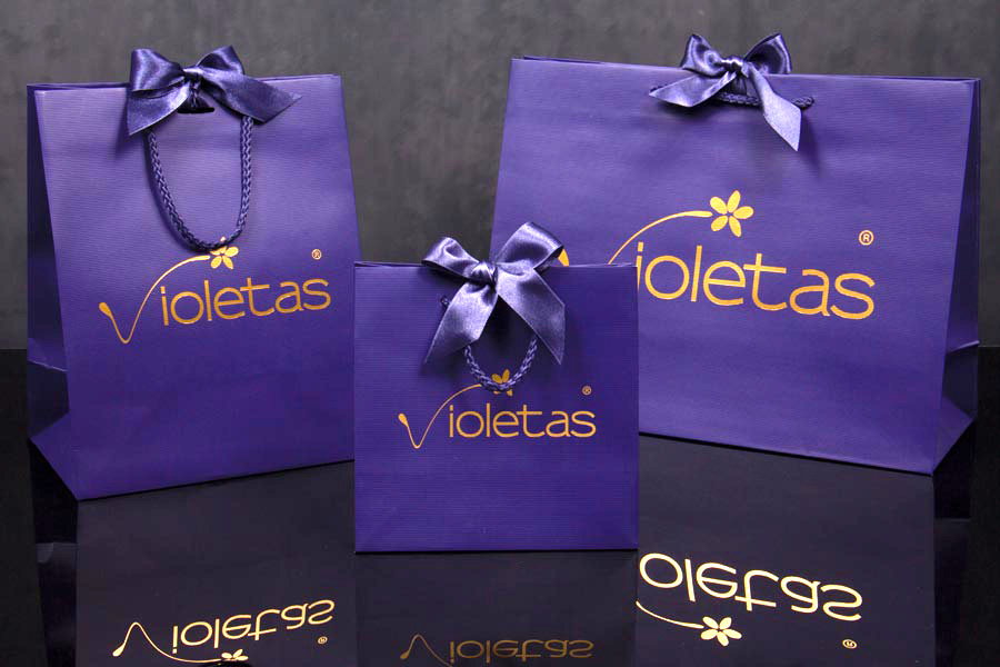 Custom Printed Textured Paper Ribbon Handles Hot Stamped Paper Eurotote Shopping Bags - Violettas