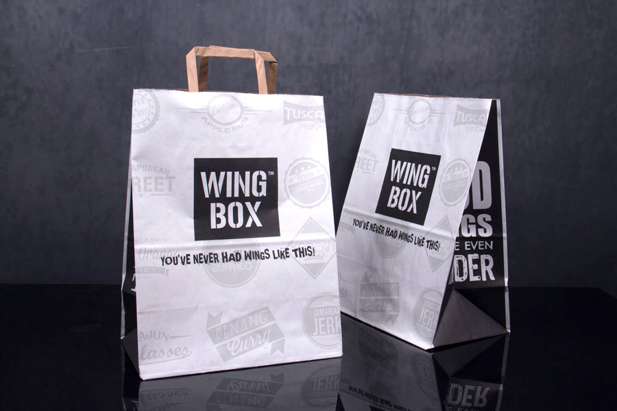 Custom printed flat handled paper take-out bags - Wingbox