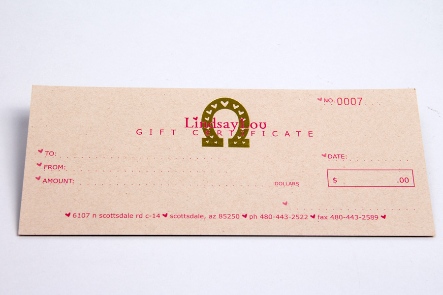 Custom Ink Printed and Hot Stamped Gift Certificate - Lindsay Lou Clothing Retailer