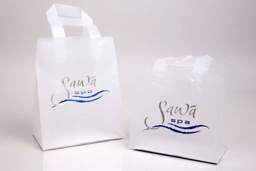 Semi-Custom 2 Color Hot Stamp Frosted Plastic Shopping Bags - Sawa Spa