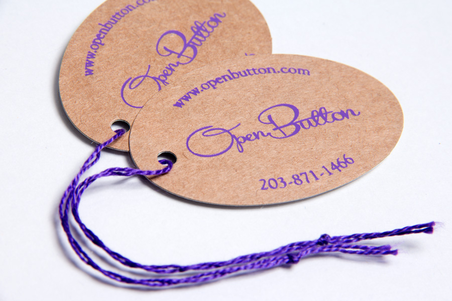 Custom Ink Printed Natural Kraft Hang Tags with matching purple string - Open Button