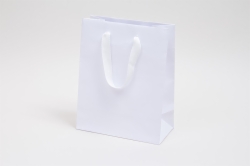 8 x 4 x 10 MATTE WHITE TINTED PAPER EUROTOTE - TWILL RIBBON HANDLES