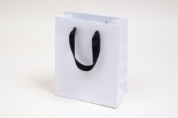 8 x 4 x 10 MATTE WHITE PAPER EUROTOTES - BLACK TWILL RIBBON HANDLES